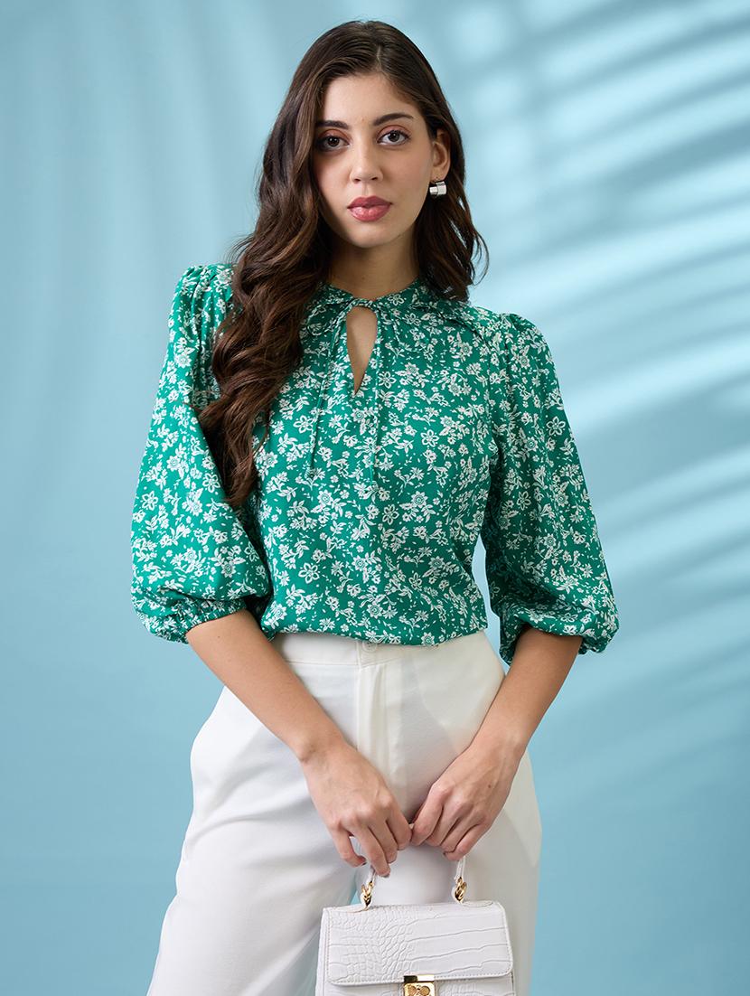 women green tie-up neck puff sleeves floral print curved hem top - 21926758 - Zoom Image - 0