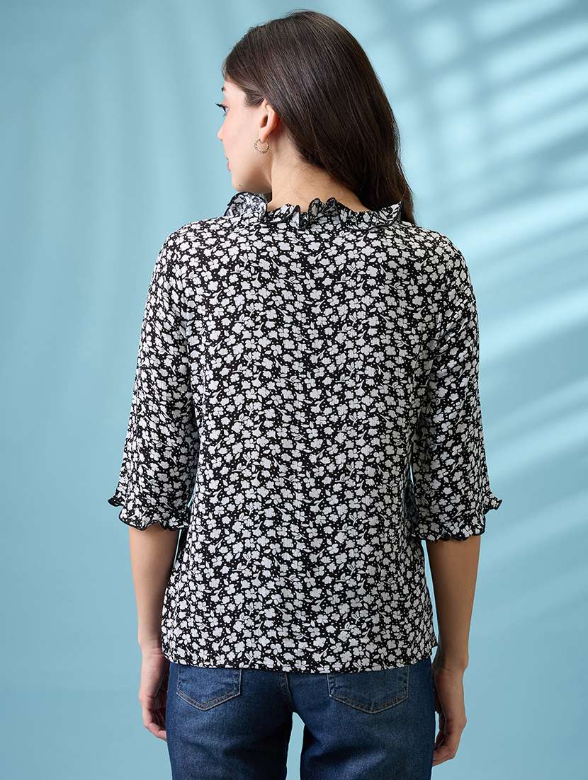 women black tie-up neck floral print frill detail top - 21926759 -  Standard Image - 3