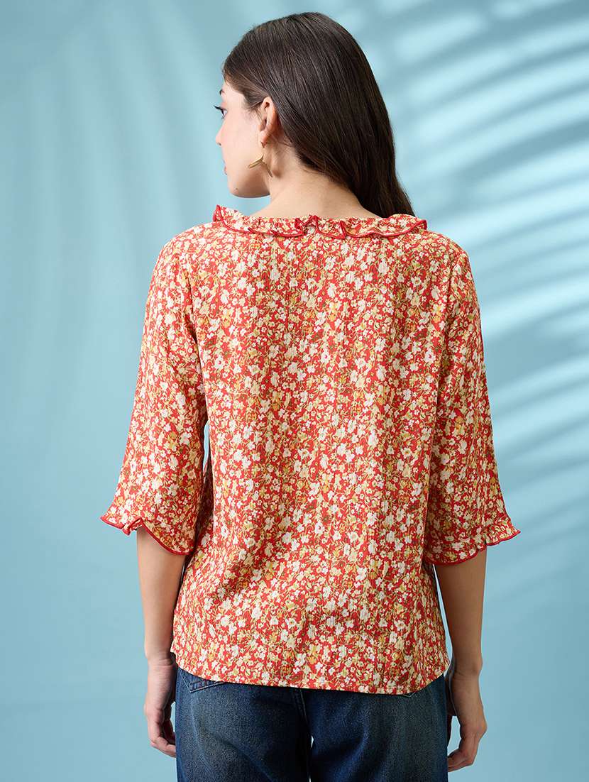 women red tie-up neck floral print frill detail top - 21926760 -  Standard Image - 3