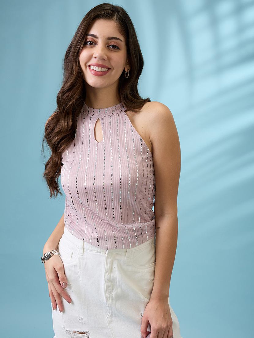 women pink keyhole halter neck sequinned detail party top
