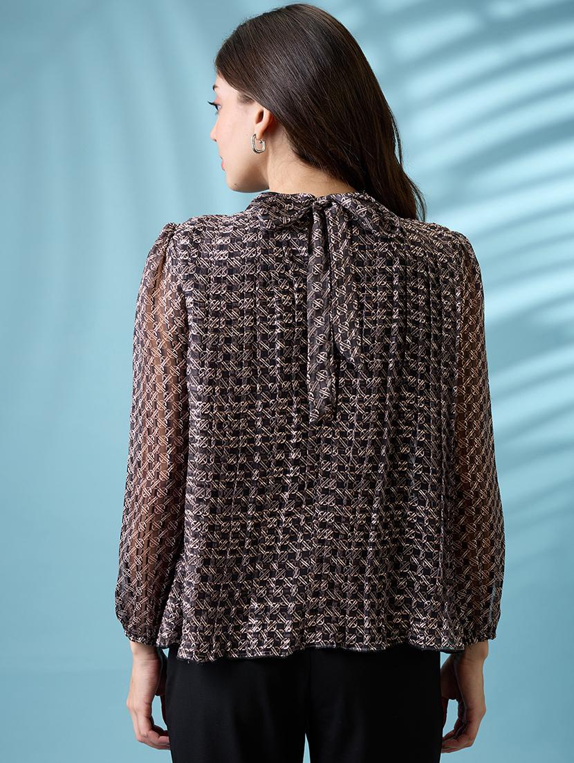 women black high neck bishop sleeves abstract print pleated tie-back detail top - 21926763 - Standard Image - 3
