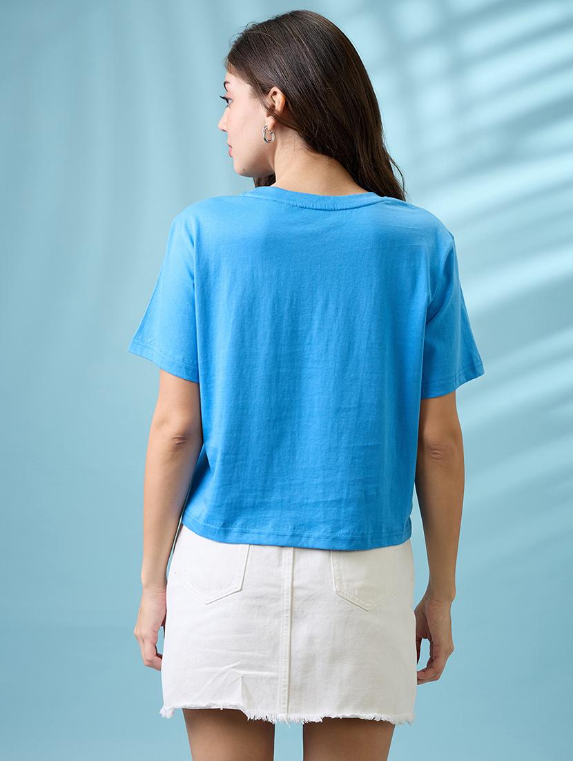 women blue graphic print round neck short sleeves oversized t shirt - 21926768 - Standard Image - 3