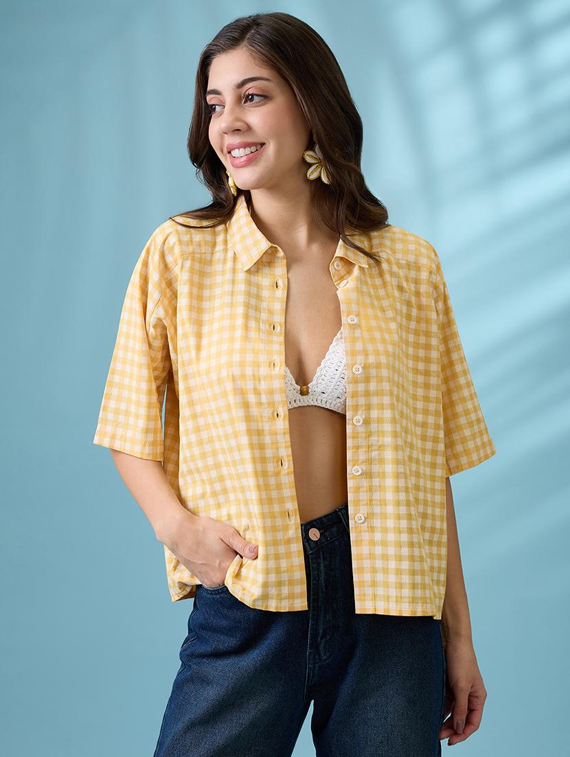 women's yellow and white checkered cotton shirt - 21926776 - Standard Image - 3