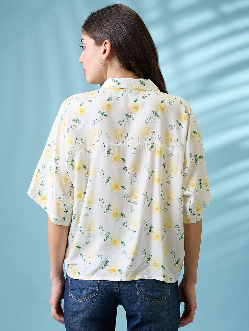 women off white floral print collared neck short sleeves shirt - 21926777 - Standard Image - 3