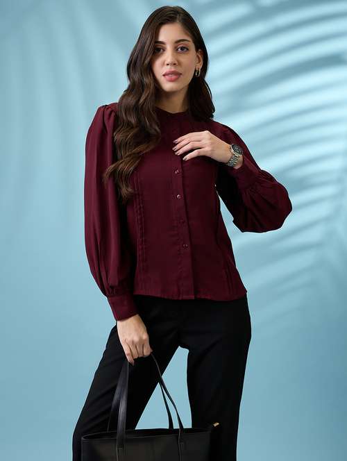 women burgundy pleated mandarin collar cuffed sleeves workwear shirt - 21926778 -  Standard Image - 0