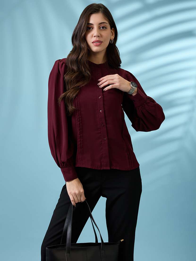 women burgundy pleated mandarin collar cuffed sleeves workwear shirt - 21926778 -  Zoom Image - 0