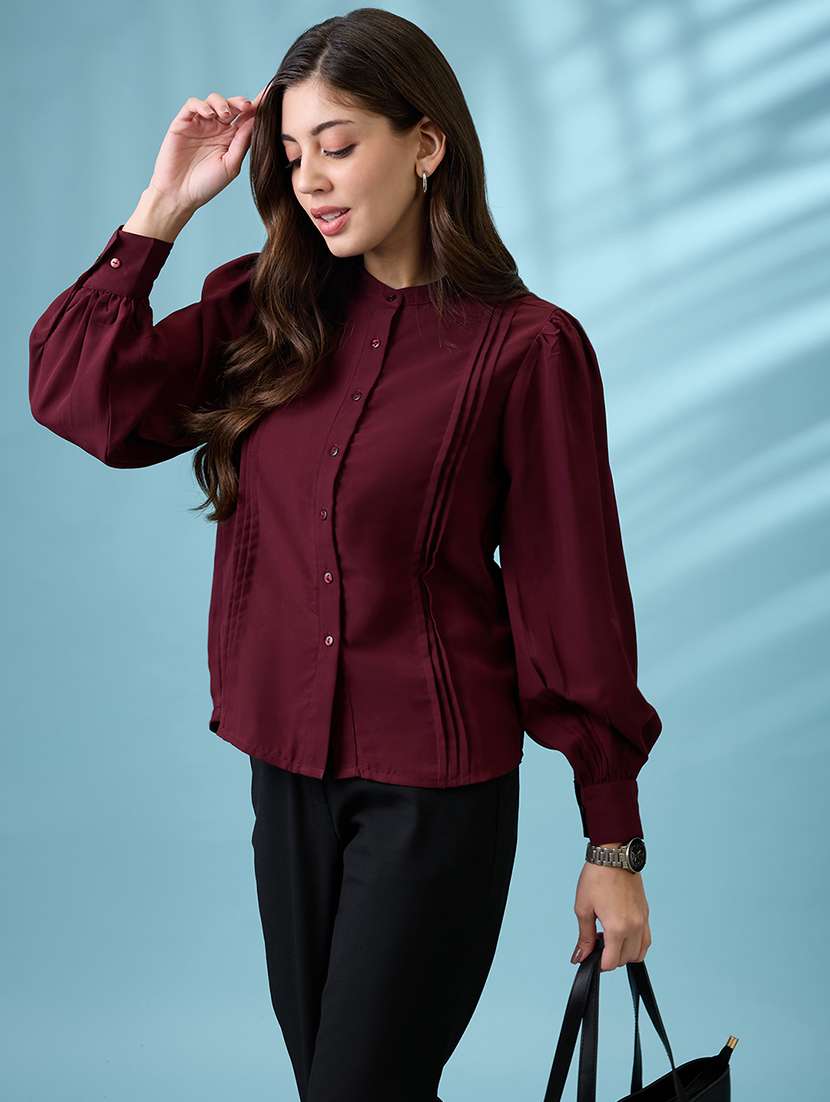 women burgundy pleated mandarin collar cuffed sleeves workwear shirt - 21926778 -  Standard Image - 3