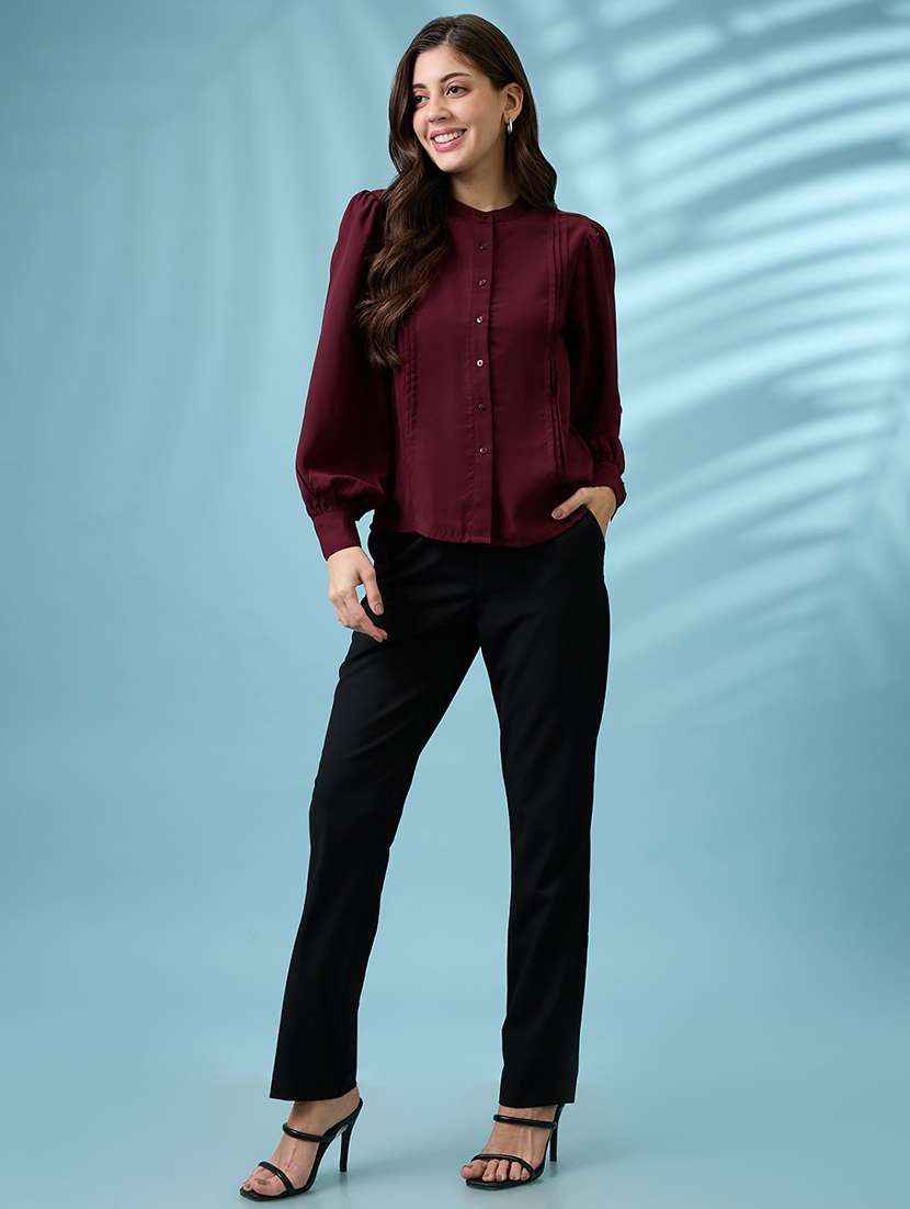 women burgundy pleated mandarin collar cuffed sleeves workwear shirt - 21926778 -  Standard Image - 5
