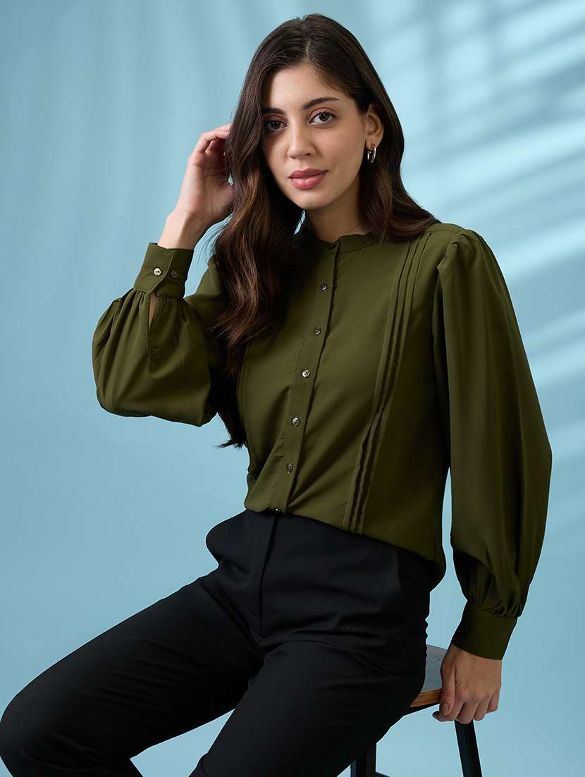 women green pleated mandarin collar cuffed sleeves workwear shirt - 21926779 -  Zoom Image - 0