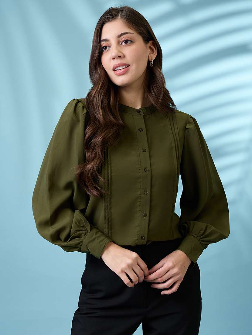 women green pleated mandarin collar cuffed sleeves workwear shirt - 21926779 -  Standard Image - 3