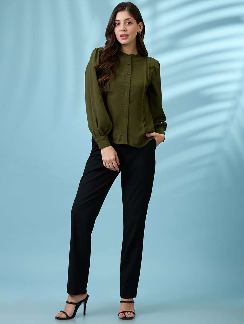 women green pleated mandarin collar cuffed sleeves workwear shirt - 21926779 -  Standard Image - 5