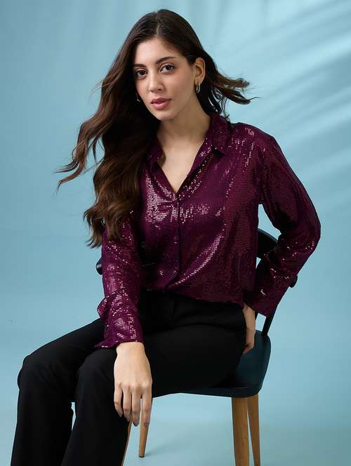 women embellished collared long sleeves shirt - 21926782 -  Standard Image - 0