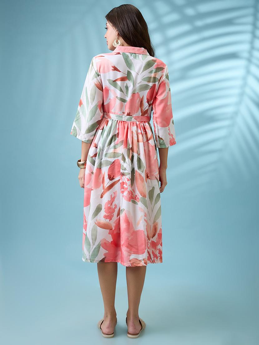 women white floral print shirt collar gathered fit and flare midi fusion dress with belt - 21926783 - Standard Image - 3
