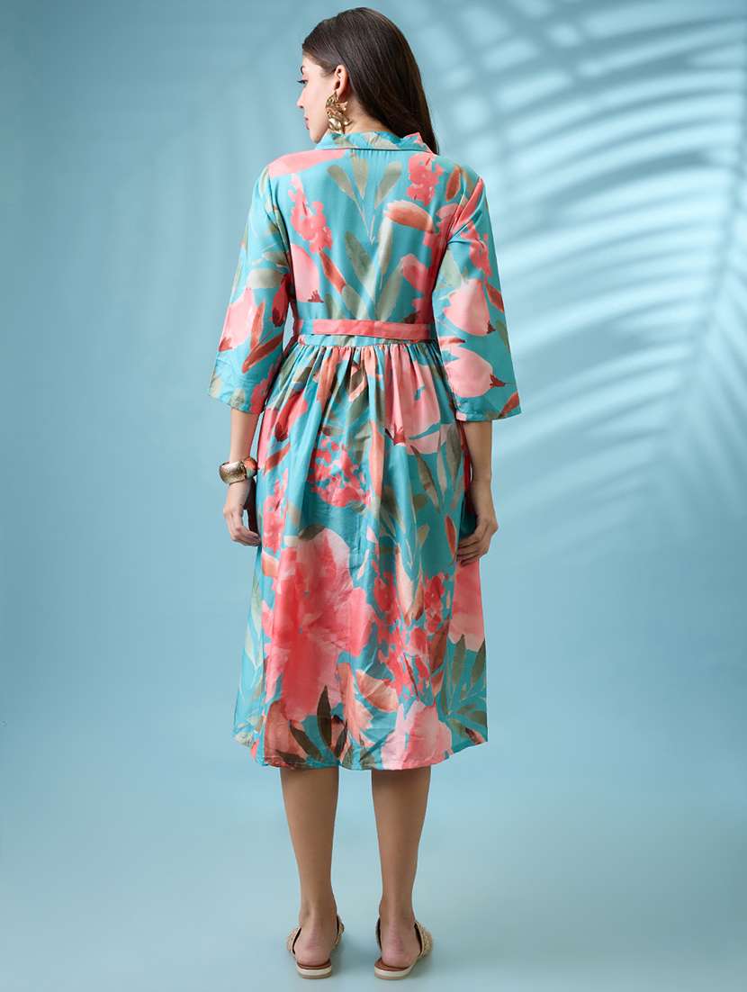 women green floral print shirt collar gathered fit and flare midi fusion dress with belt - 21926784 -  Standard Image - 3