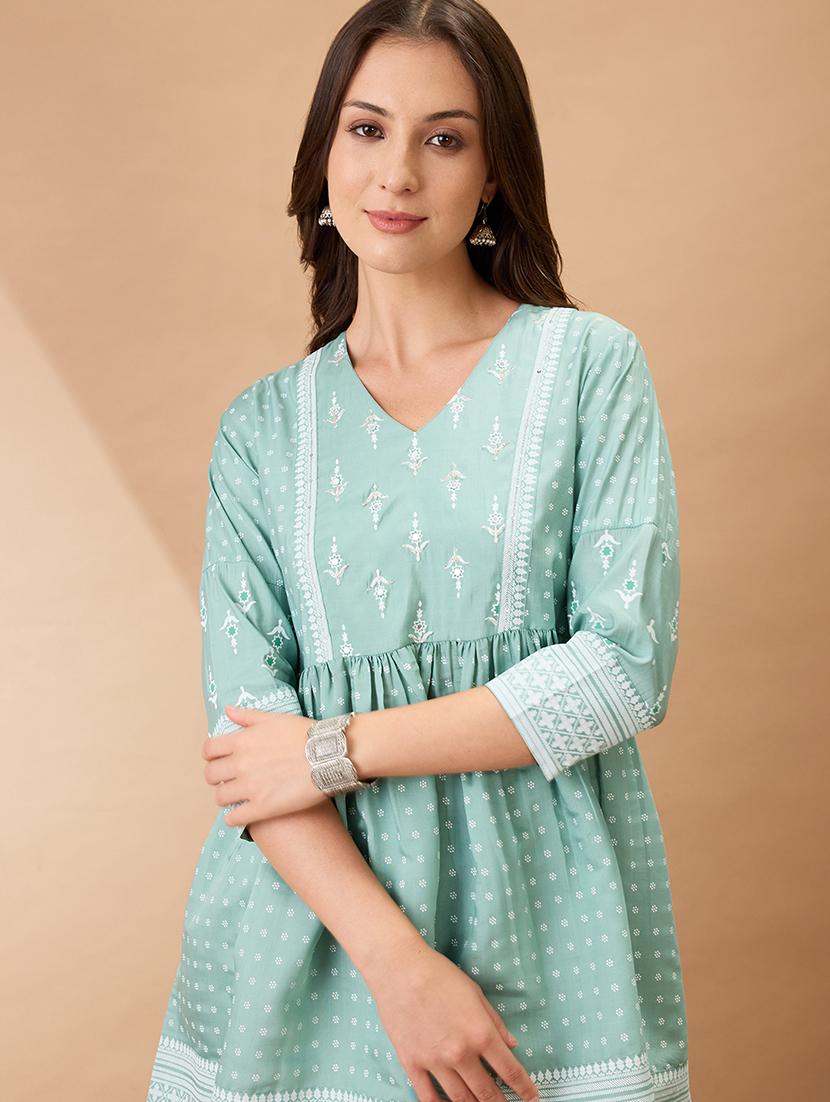 women green ethnic print v-neck sequinned detail gathered tunic  - 21926785 -  Zoom Image - 0