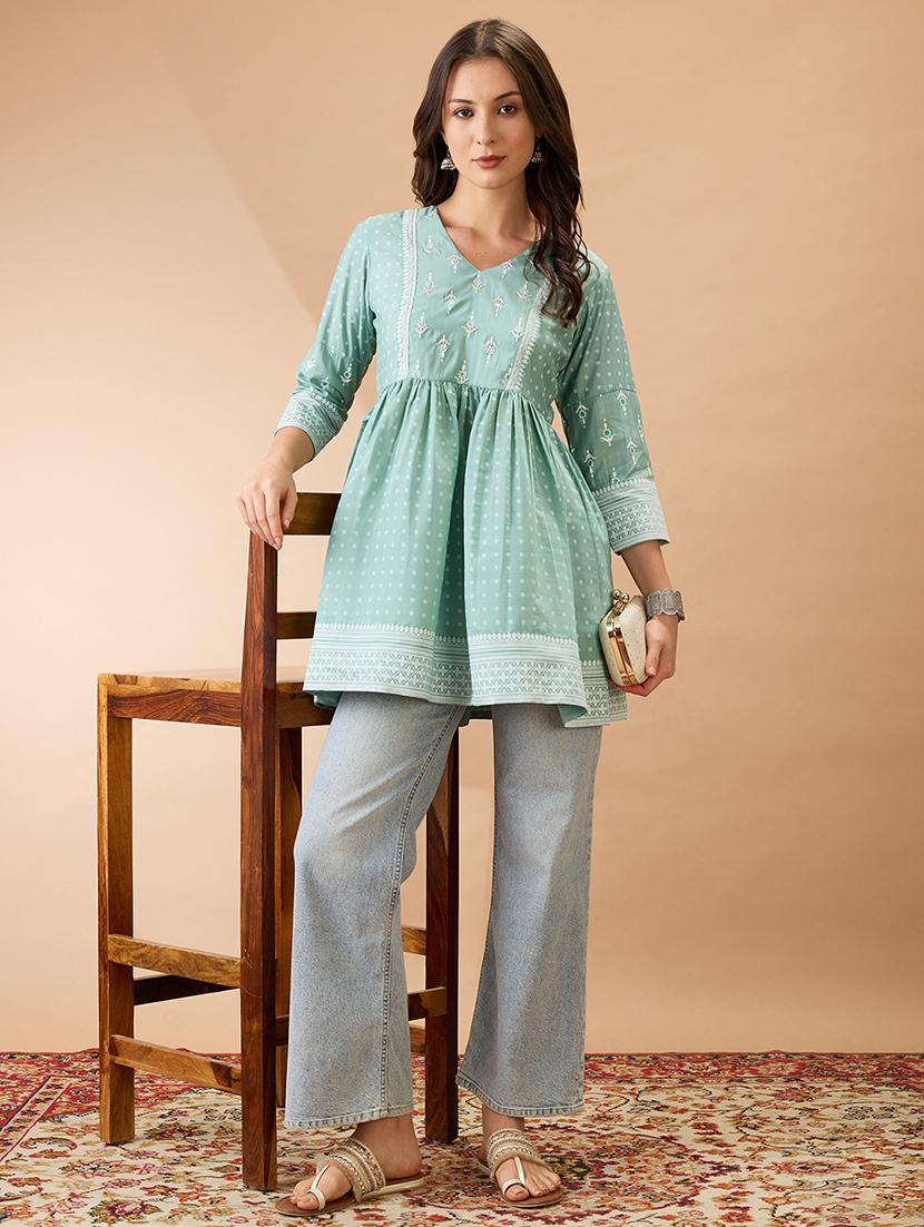 women green ethnic print v-neck sequinned detail gathered tunic - 21926785 - Standard Image - 3