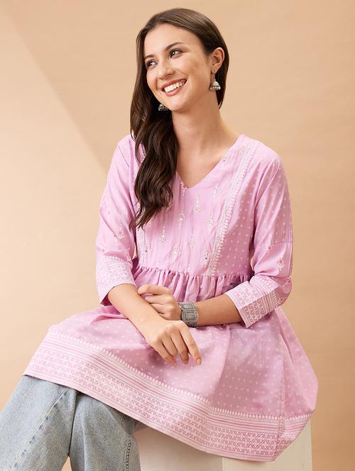 women pink ethnic print v-neck sequinned detail gathered tunic - 21926786 - Standard Image - 0