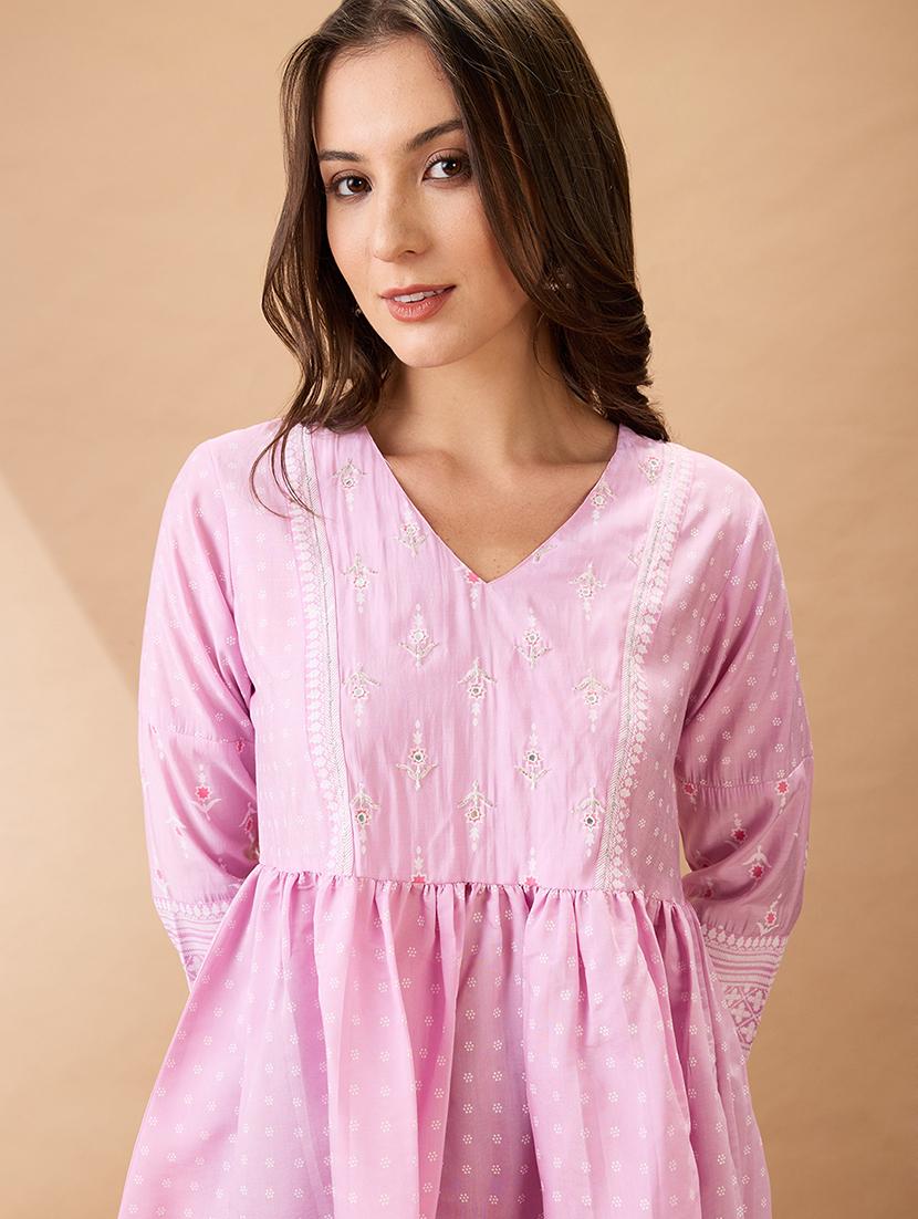 women pink ethnic print v-neck sequinned detail gathered tunic - 21926786 - Standard Image - 3