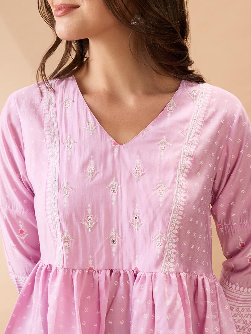 women pink ethnic print v-neck sequinned detail gathered tunic - 21926786 - Standard Image - 5