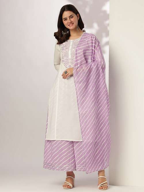 women three quarter sleeve kurta palazzo with dupatta set - 21926835 - Standard Image - 0