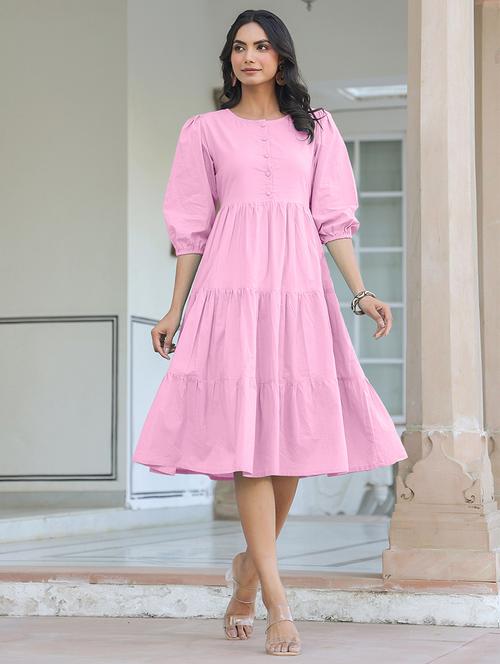women solid puff sleeves tiered dress - 21926841 - Standard Image - 0