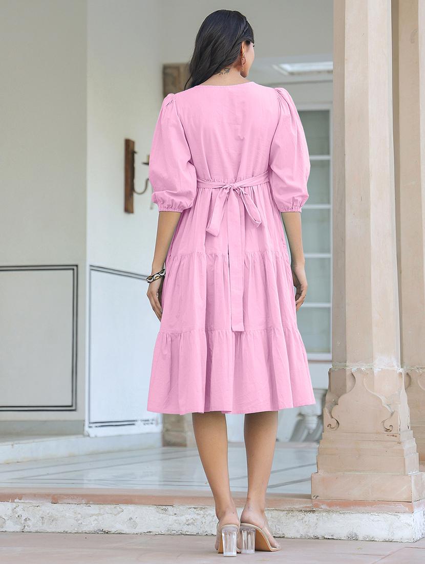women solid puff sleeves tiered dress - 21926841 - Standard Image - 5
