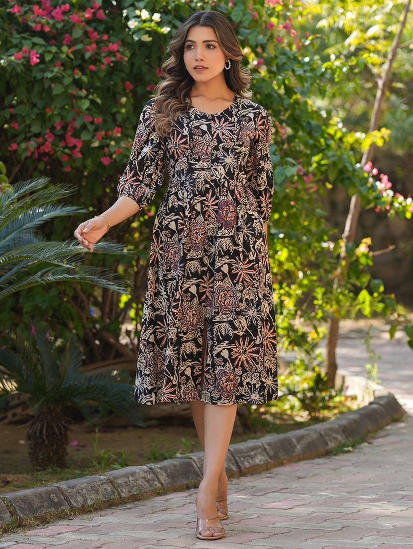 women printed puff sleeves fit & flare dress - 21926846 - Zoom Image - 0