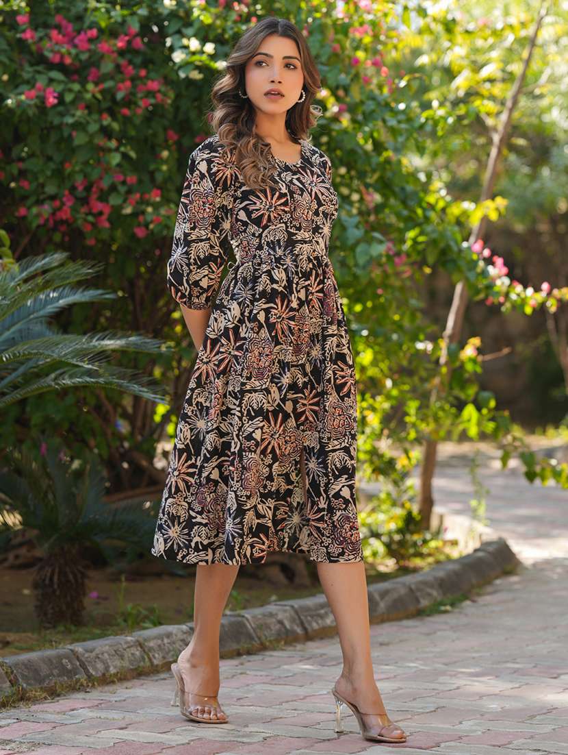 women printed puff sleeves fit & flare dress - 21926846 - Standard Image - 3