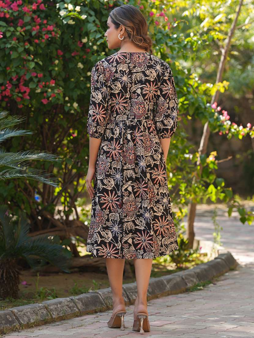 women printed puff sleeves fit & flare dress - 21926846 - Standard Image - 5