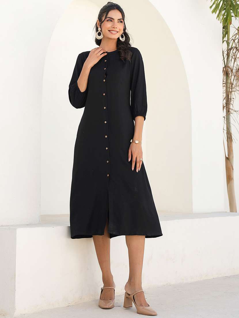 women solid three quarter sleeves a-line dress - 21926847 -  Standard Image - 3