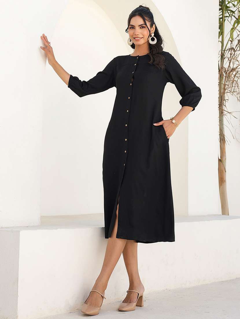 women solid three quarter sleeves a-line dress - 21926847 -  Standard Image - 5