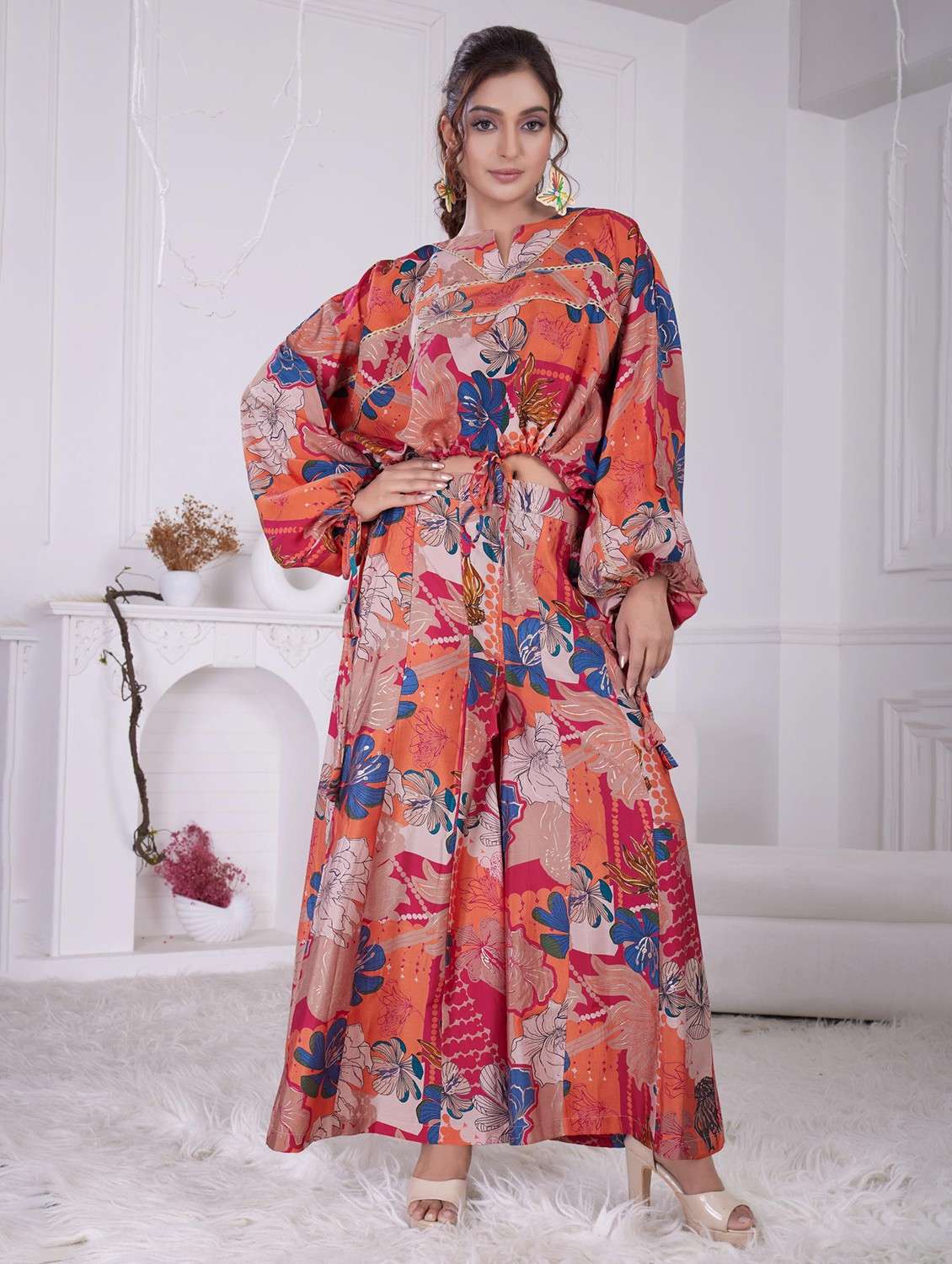 women floral printed long sleeve ethnic co-ord set