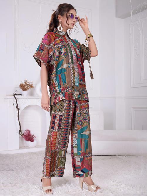 women printed short sleeve shirt & trouser co ord set - 21927943 -  Standard Image - 0