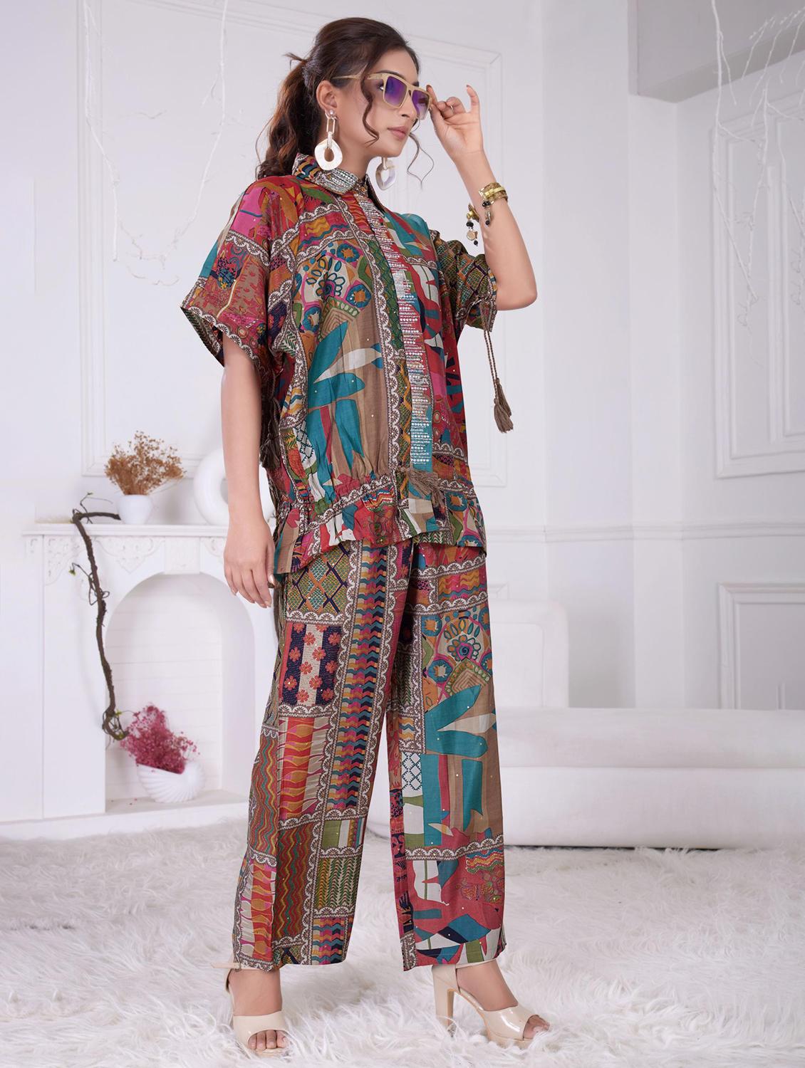 women printed short sleeve shirt & trouser co ord set - 21927943 -  Zoom Image - 0