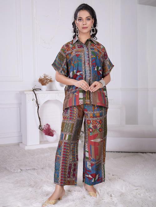 women printed short sleeve shirt & trouser co ord set - 21927944 -  Standard Image - 0