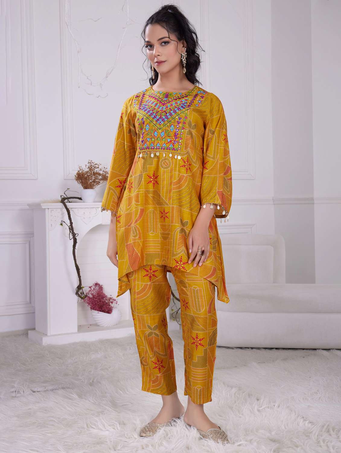women printed long sleeve ethnic co-ord set