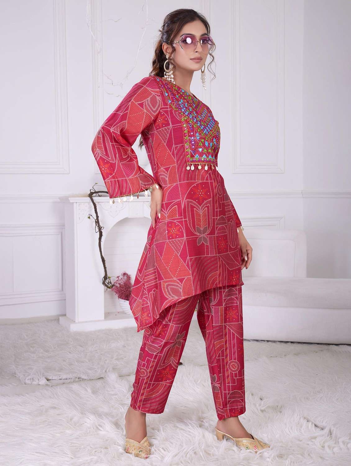 women printed long sleeve ethnic co-ord set