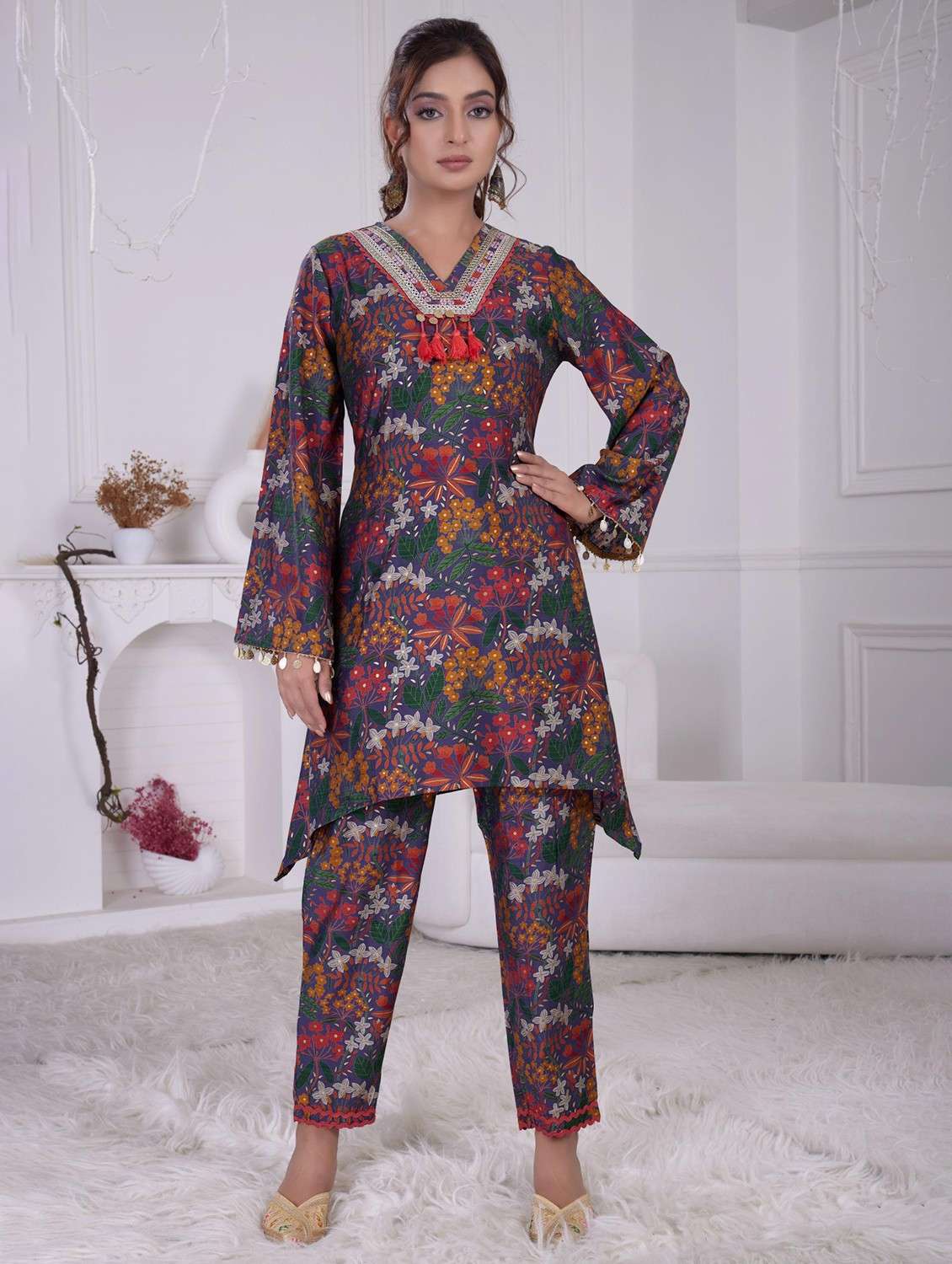 women printed long sleeve ethnic co-ord set