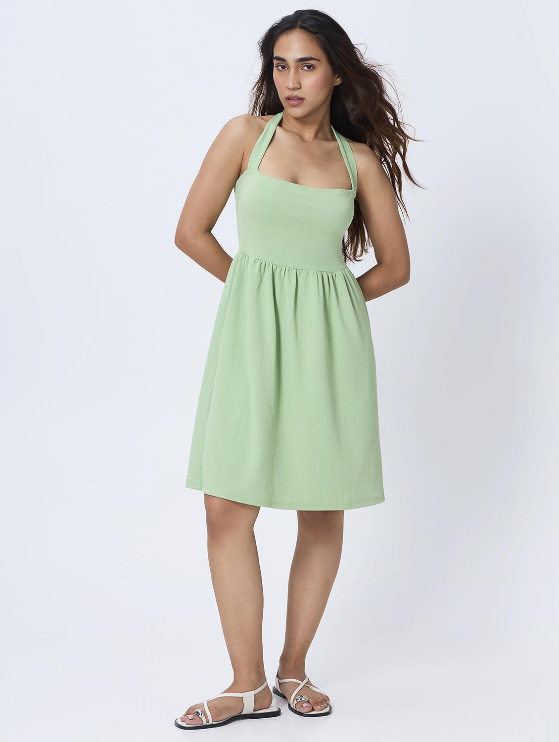 women solid halter neck fit & flared dress - 21928234 - Zoom Image - 0