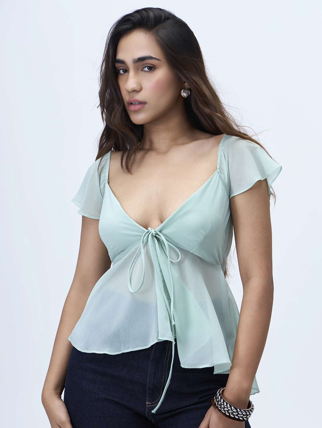 women solid puff sleeves peplum top - 21928246 -  Zoom Image - 0