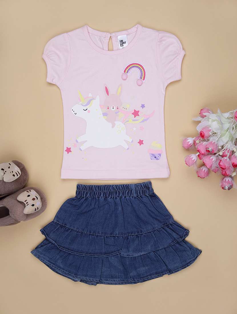 girls printed top and skirt set