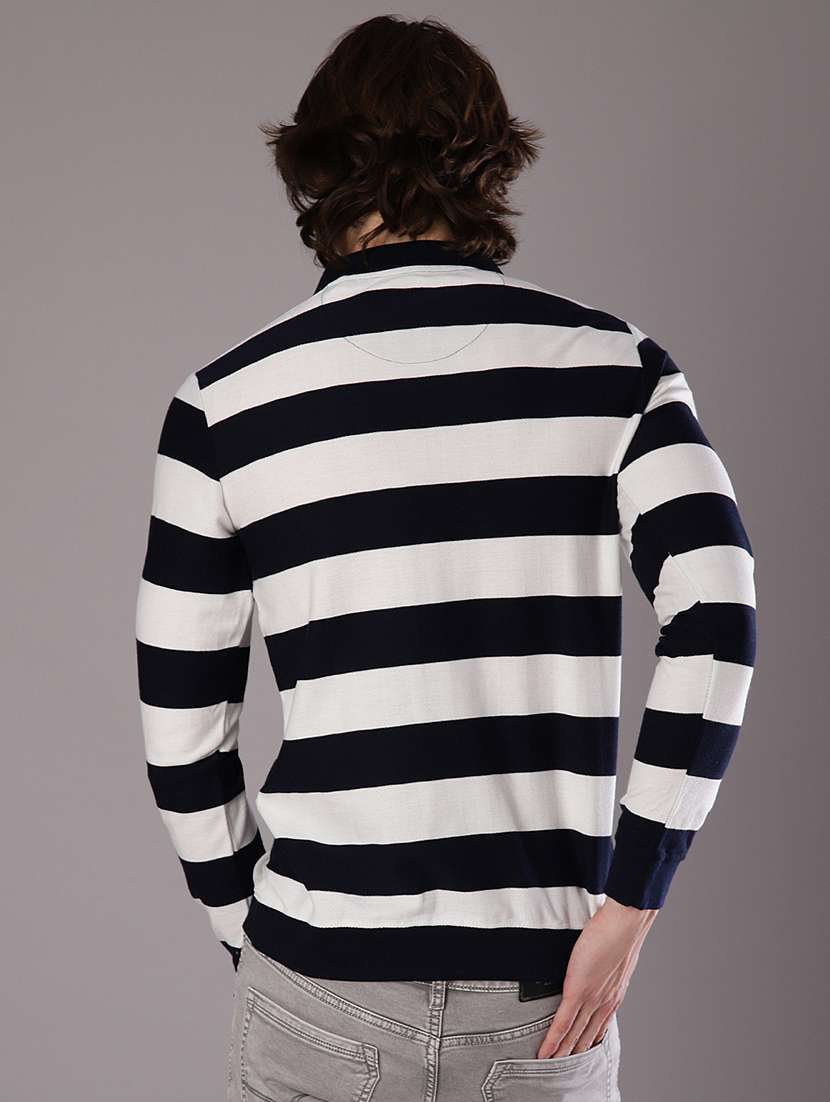 Men Striped Long Sleeve Regular Fit Polo T Shirt