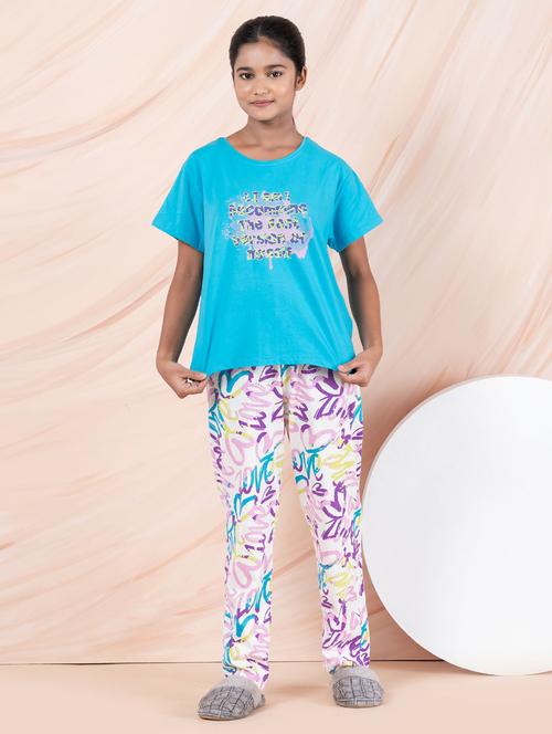 girls blue printed round neck pyjama set nightwear - 21928544 - Standard Image - 0