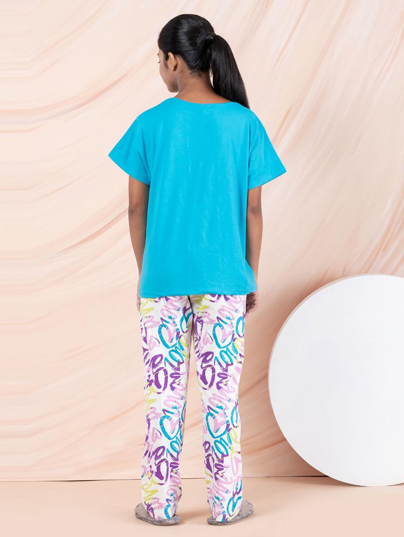 girls blue printed round neck pyjama set nightwear - 21928544 - Standard Image - 3