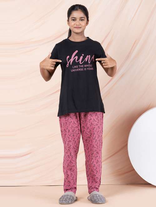 girls typographic round neck pyjama set nightwear - 21928558 - Standard Image - 0