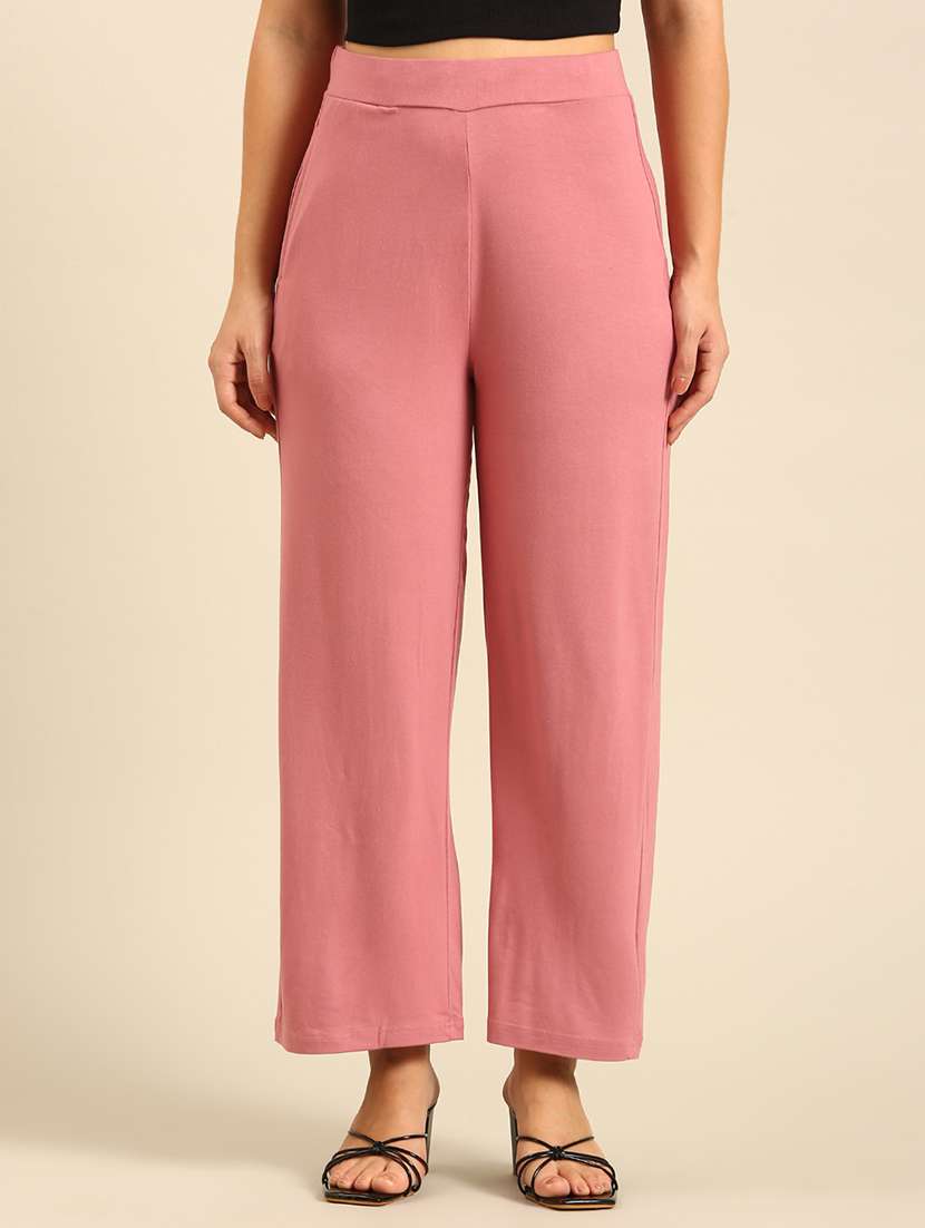 women solid high rise wide leg trouser