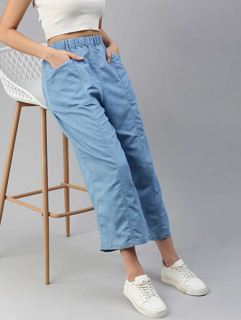 women solid high rise wide leg trouser