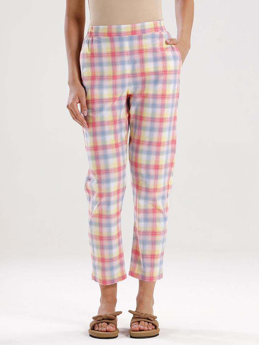 women checkered mid rise cigarette pant