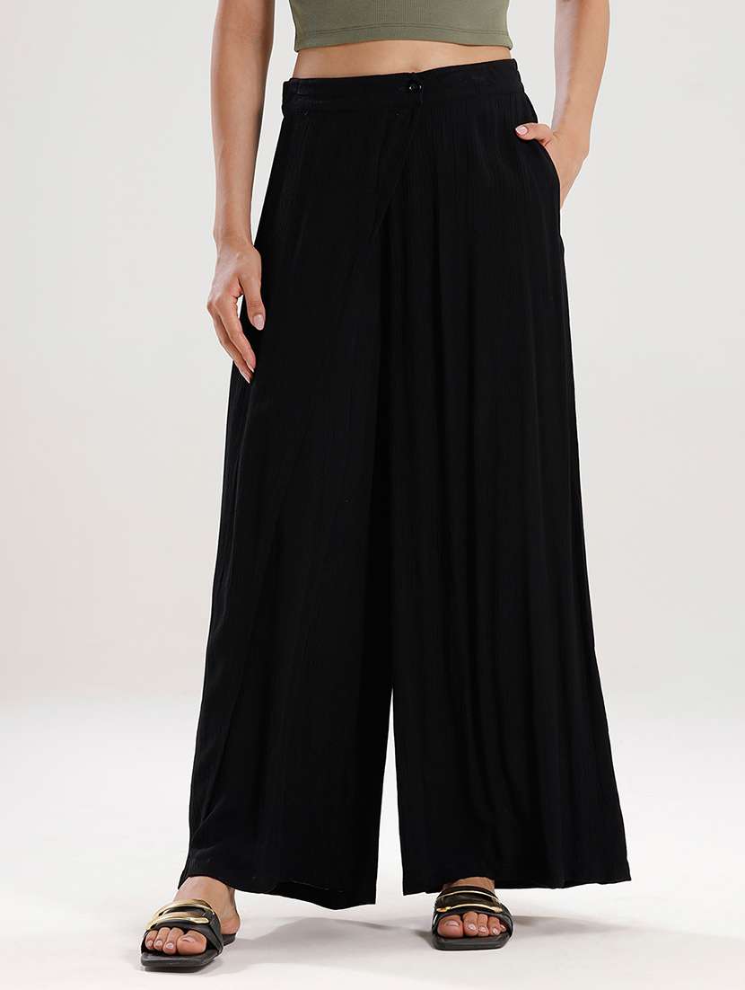 women solid high rise wide leg trouser