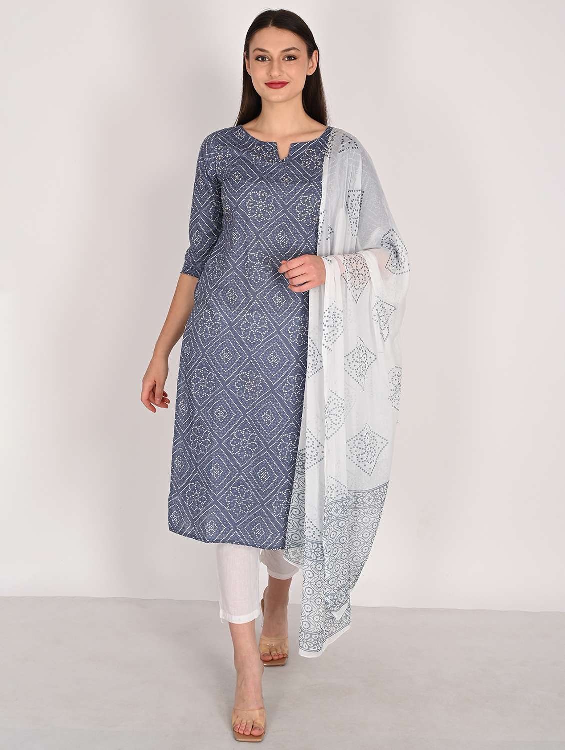 women three quarter sleeve kurta pant with dupatta set